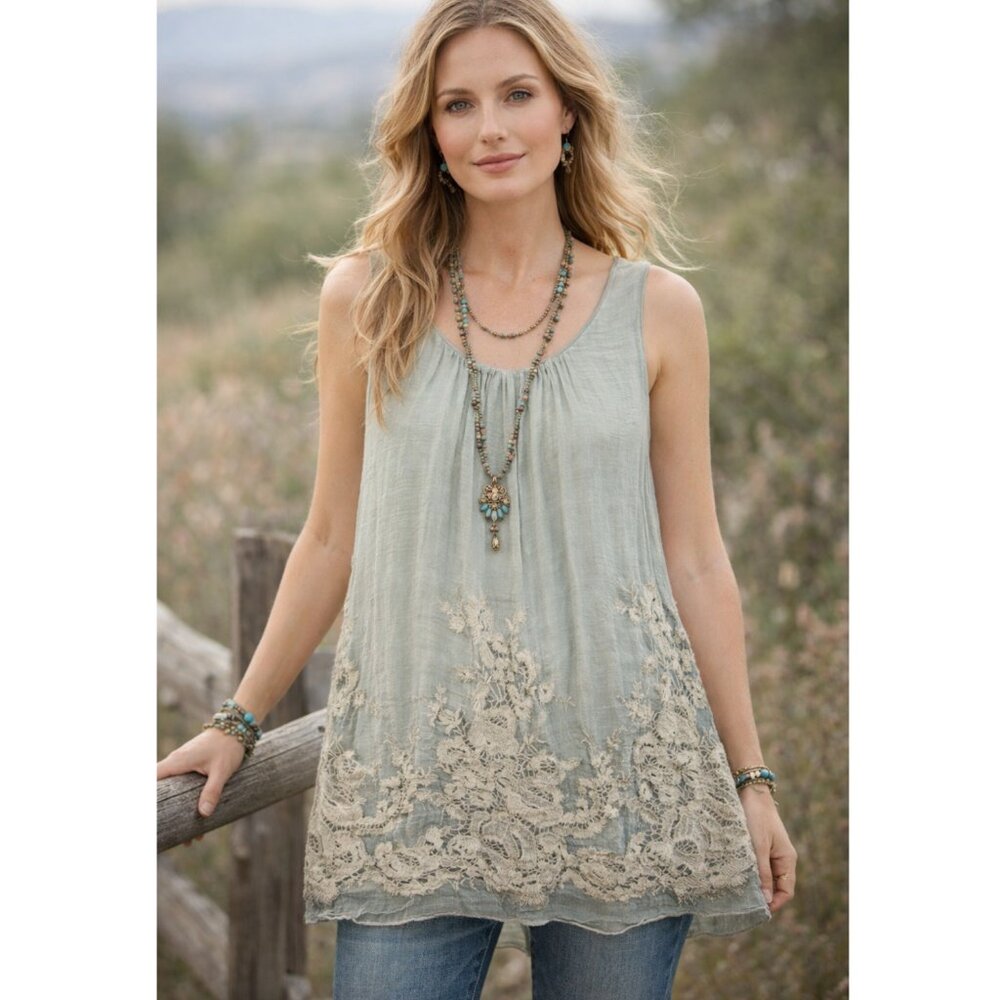 Soft Surroundings Tunic Top Silk Overlay Embroidered Crochet size L Boho Resort
